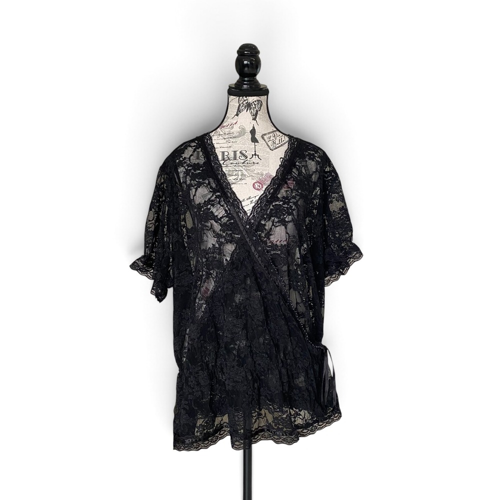 Panitti Lace Wrap Top Womens 2X Black Sequin Trim Sheer Floral Whimsigoth V-Neck